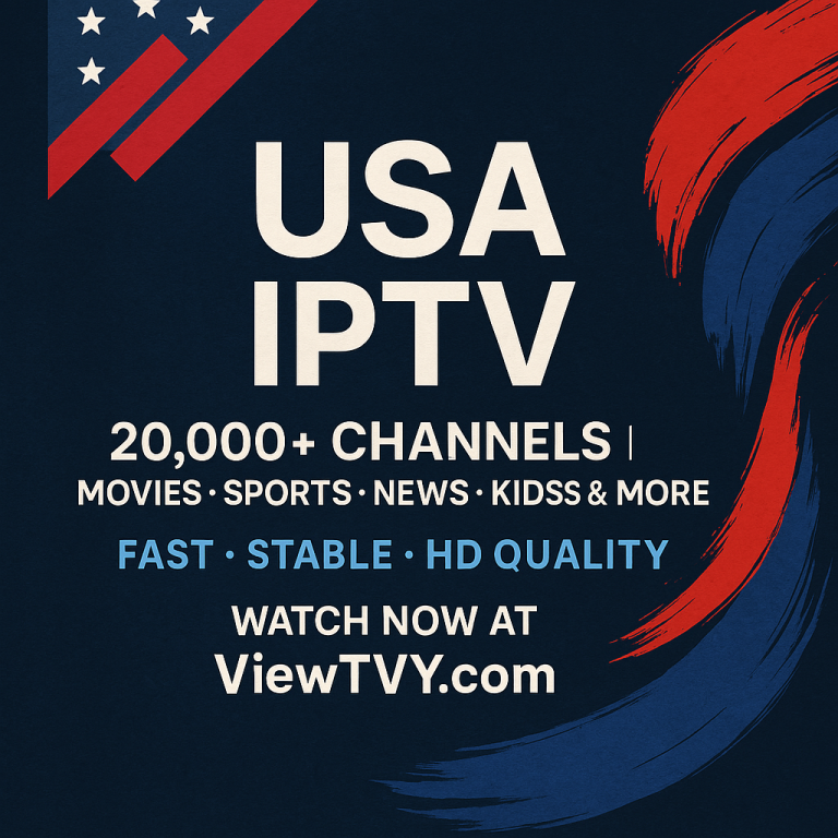 Promotional image for USA IPTV service featuring 20,000+ channels on ViewTVY.com